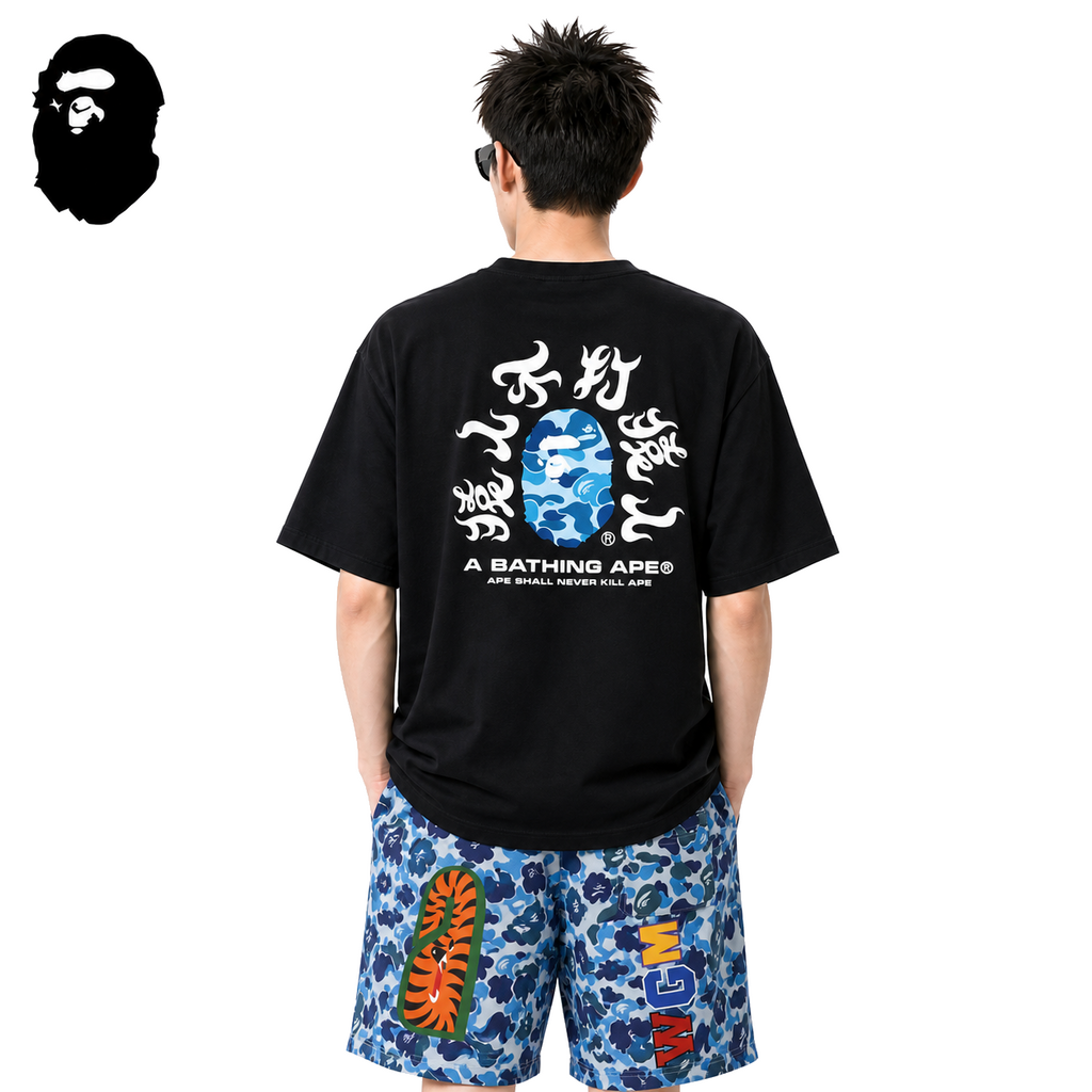 BAPE Blue ABC Camo Kanji Back Print Men's T-Shirt - Black