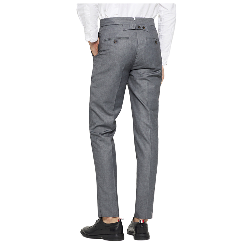 Thom Browne Style Men's Casual Trousers - 100% Wool with Adjustable Backstrap with Signature Four-Bar...