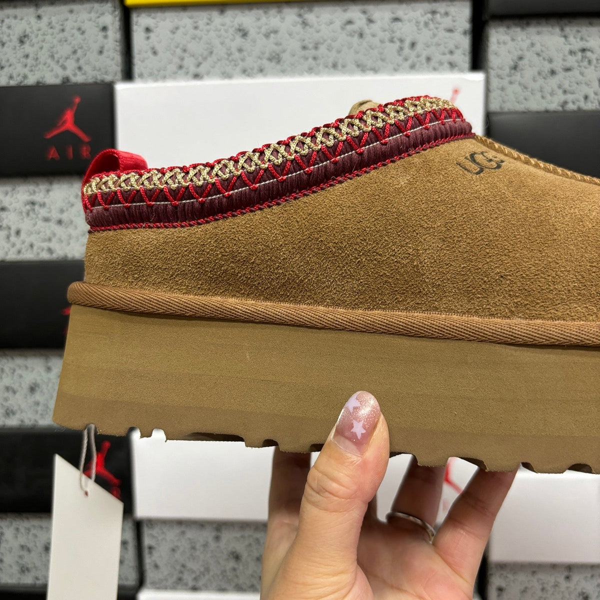 UGG Tazz Platform Slipper – Women’s Suede Clog with Red & Gold Braided Collar in Chestnut