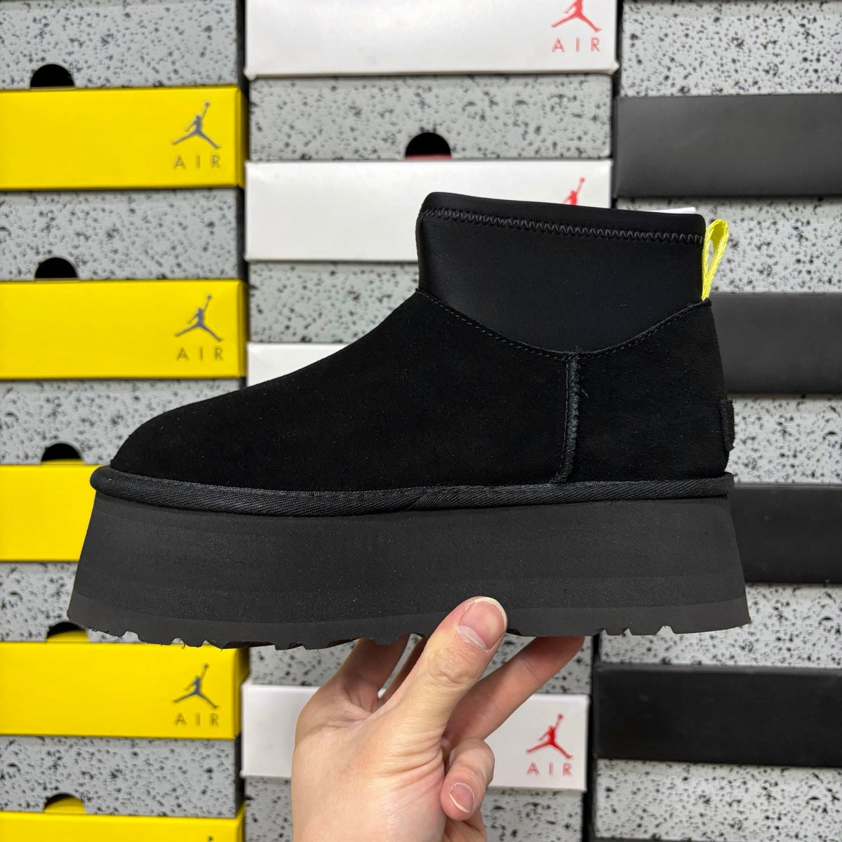 UGG Classic Mini Weather Hybrid Women's Boot – Suede & Stretch Collar Ankle Boot with Neon Yellow Pull Tab, UGG SugrSole & Weather-Resistant Construction in Black