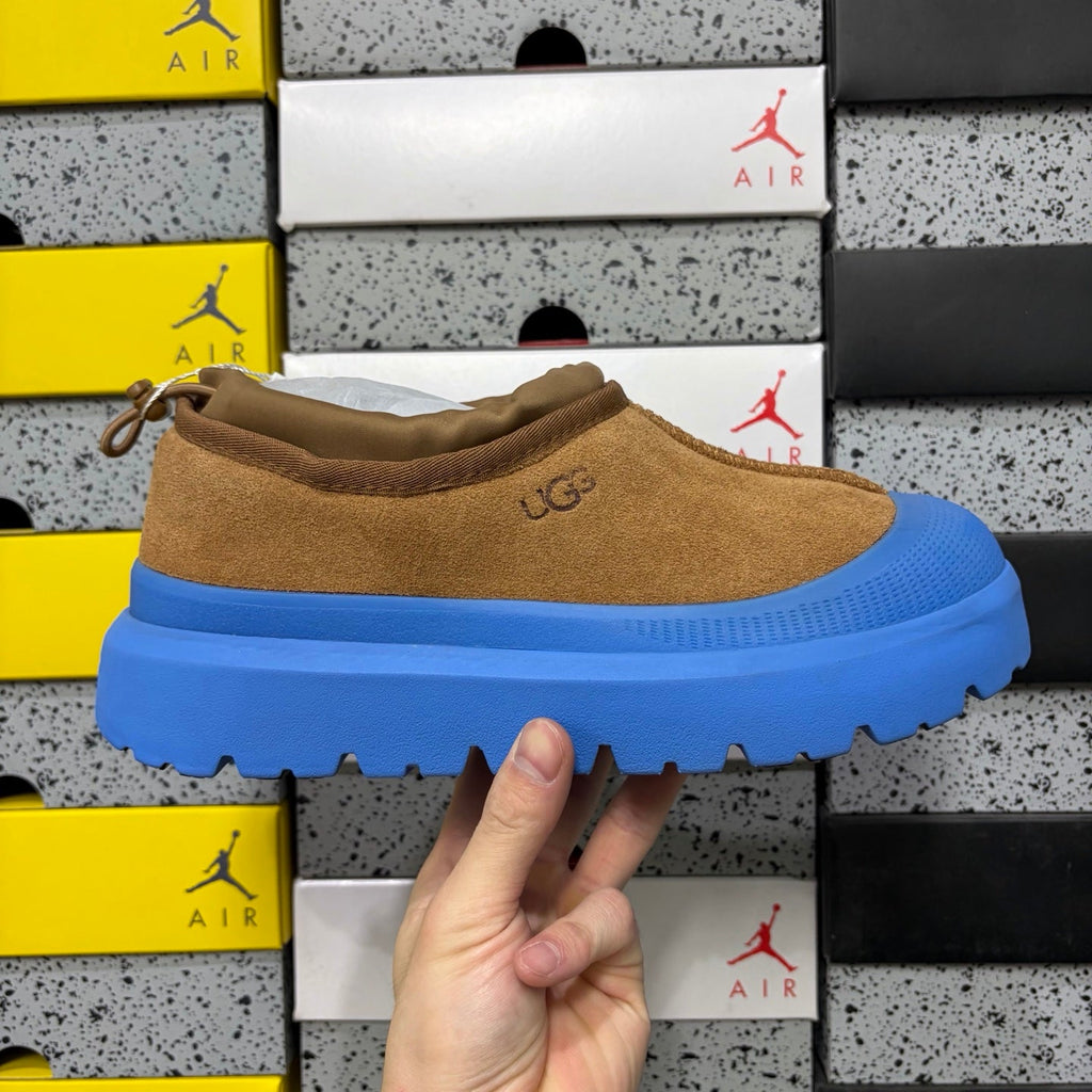 UGG Neumeel Deco Slip-On – Suede Moccasin Sneaker with Electric Blue Lug Sole & Drawstring Collar in Chestnut