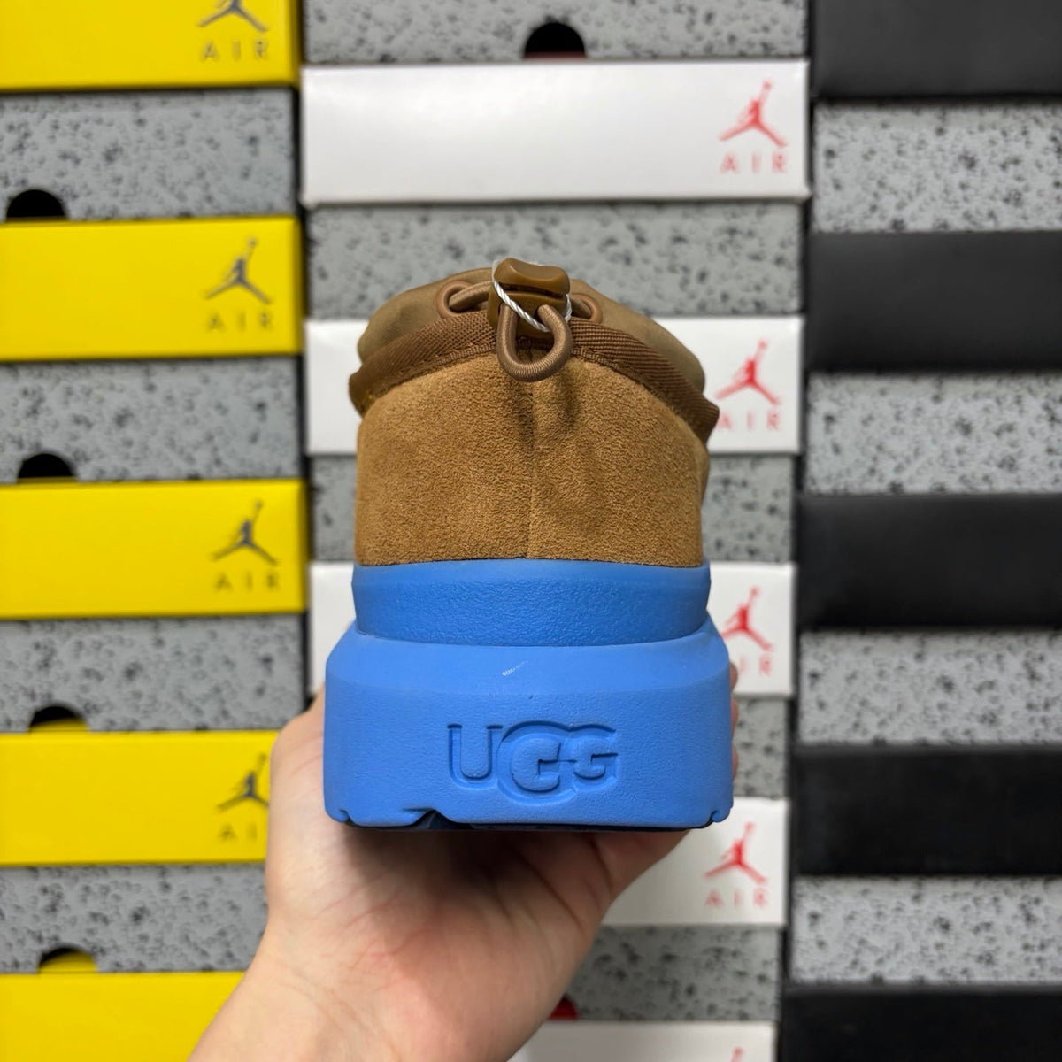 UGG Neumeel Deco Slip-On – Suede Moccasin Sneaker with Electric Blue Lug Sole & Drawstring Collar in Chestnut