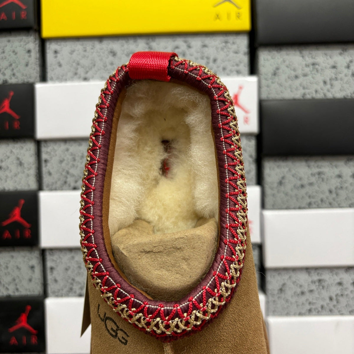 UGG Tazz Platform Slipper – Women’s Suede Clog with Red & Gold Braided Collar in Chestnut