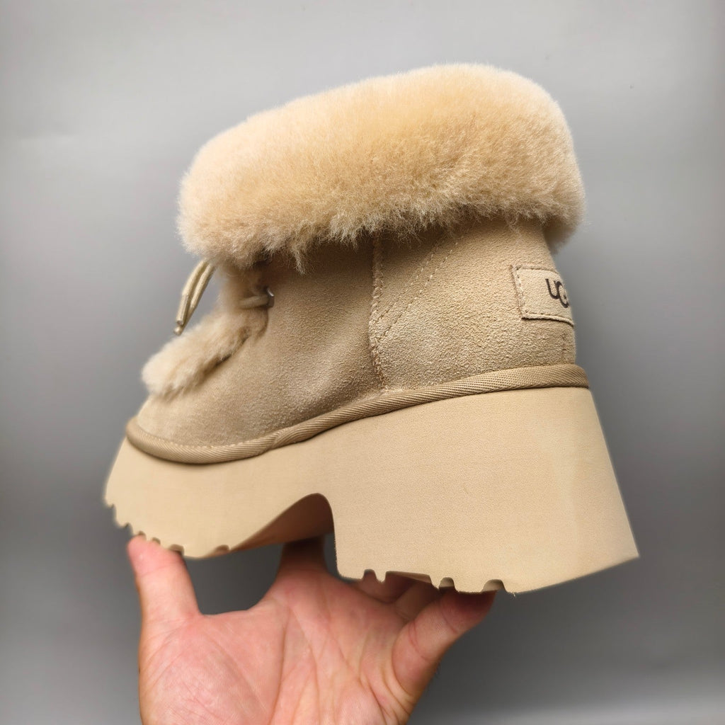 Mustard Fluffy Lace-Up Wedge Ankle Boots — New Arrival | In Stock