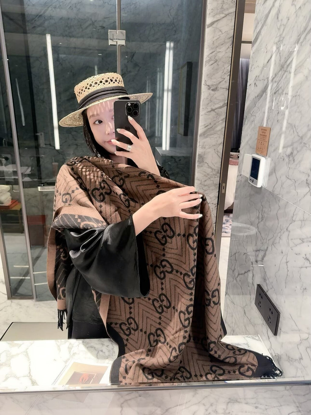 Gucci Style GG Herringbone Fringe Scarf