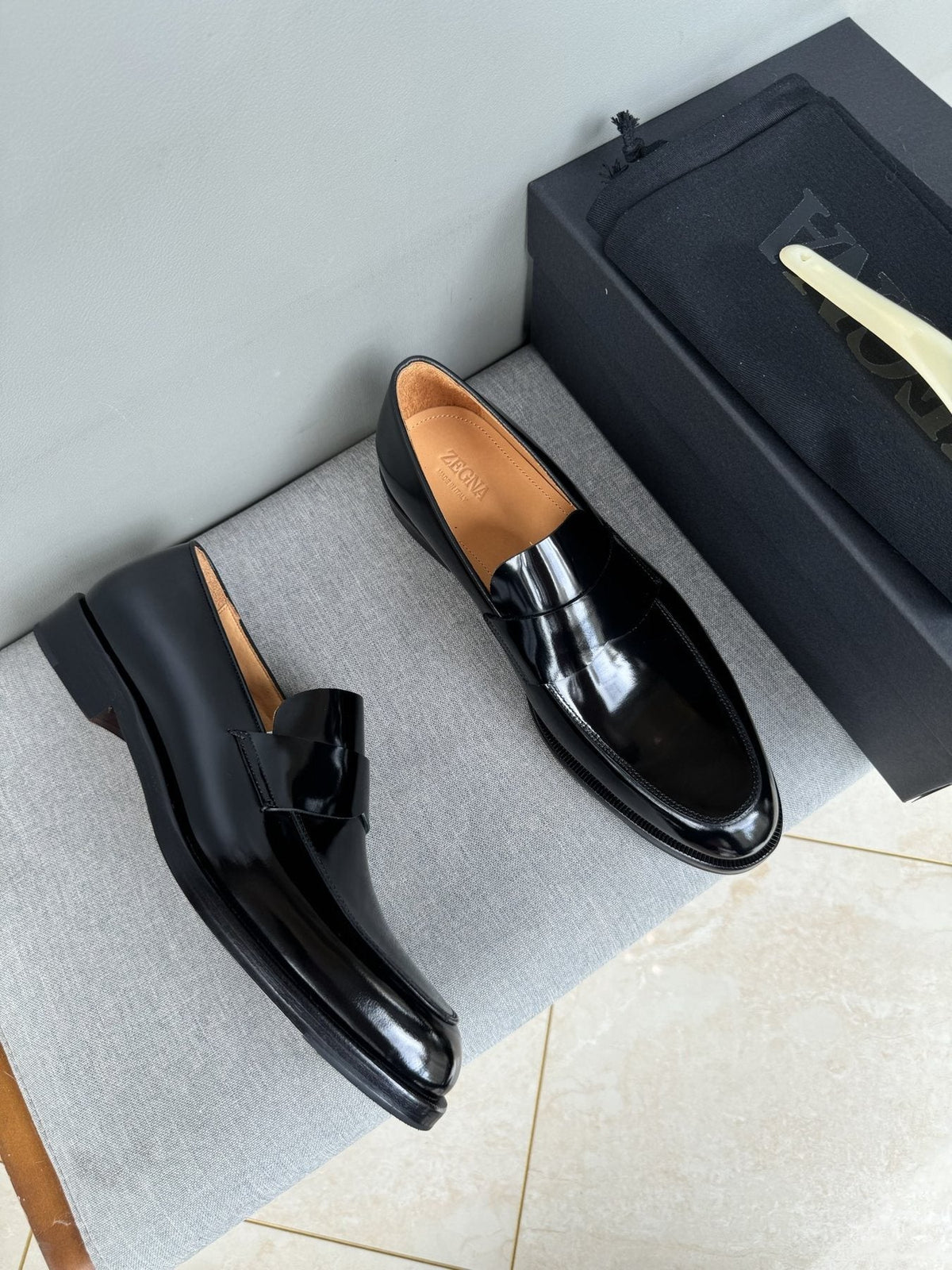 Zegna Men's Glossy Black Leather Loafers