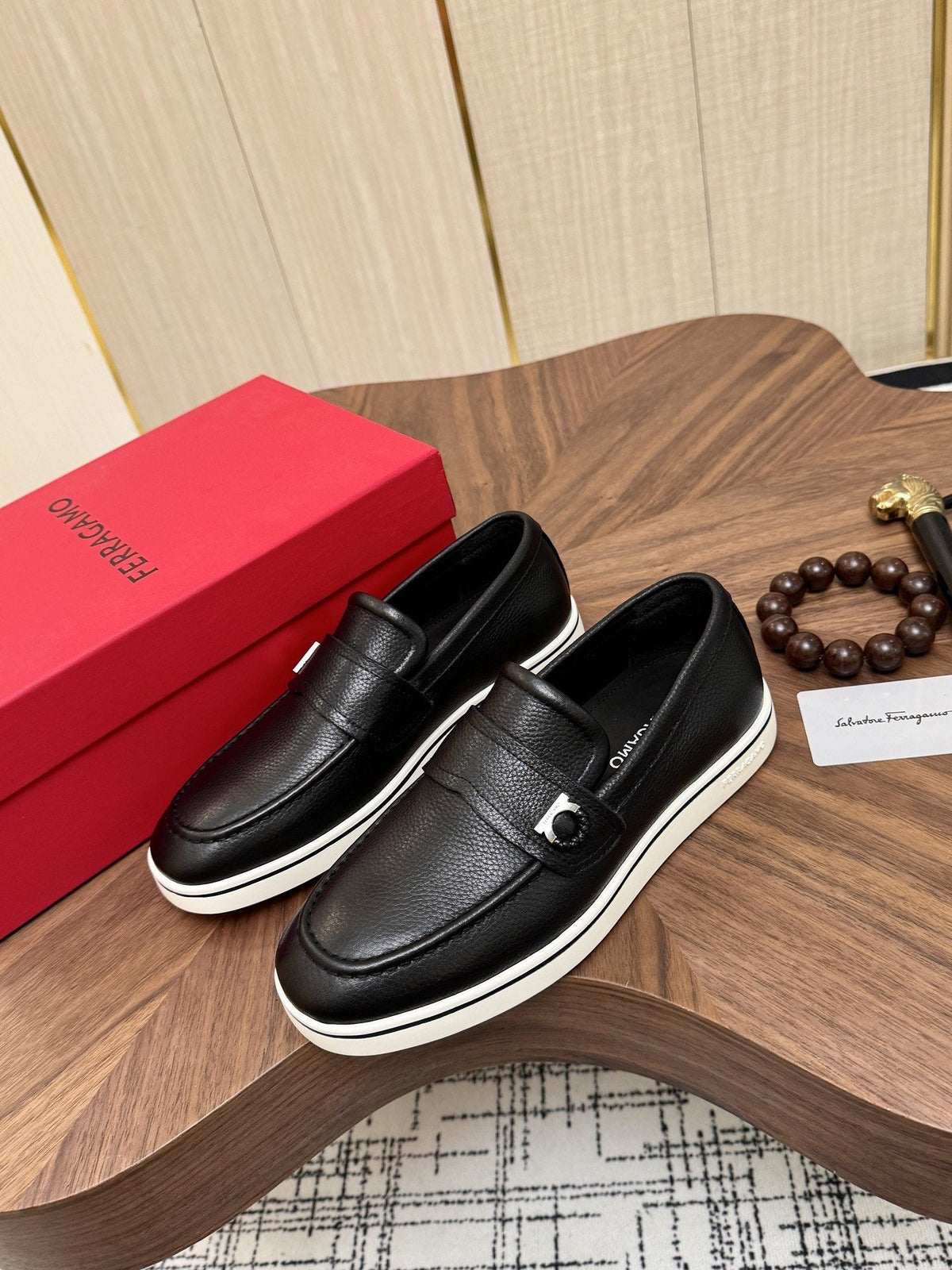 Salvatore Ferragamo Black Loafers with White Soles