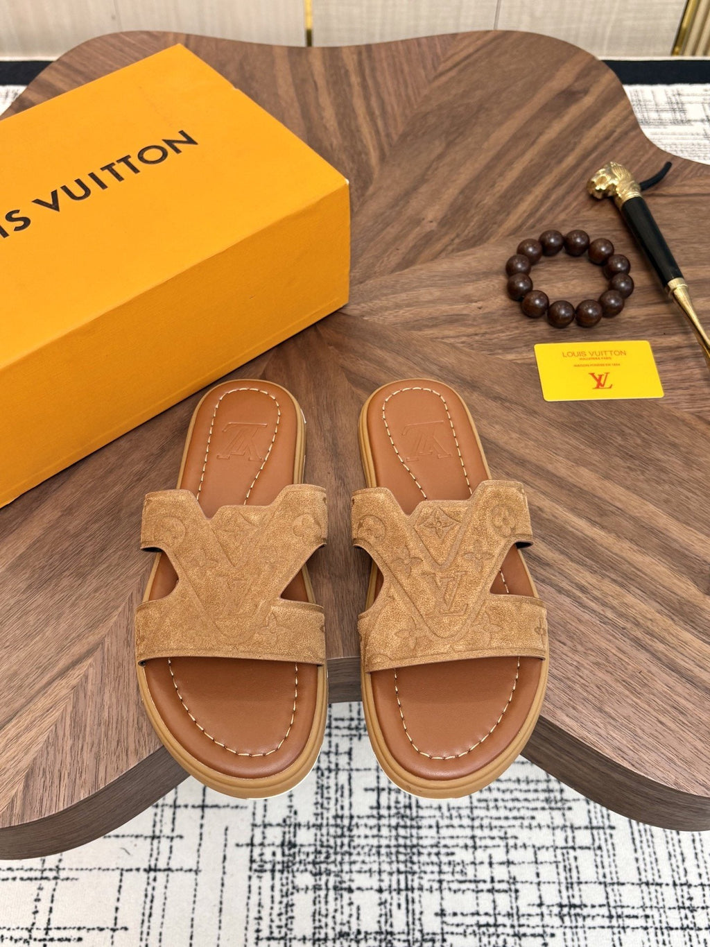 Louis Vuitton Tan Monogram Slide Sandals
