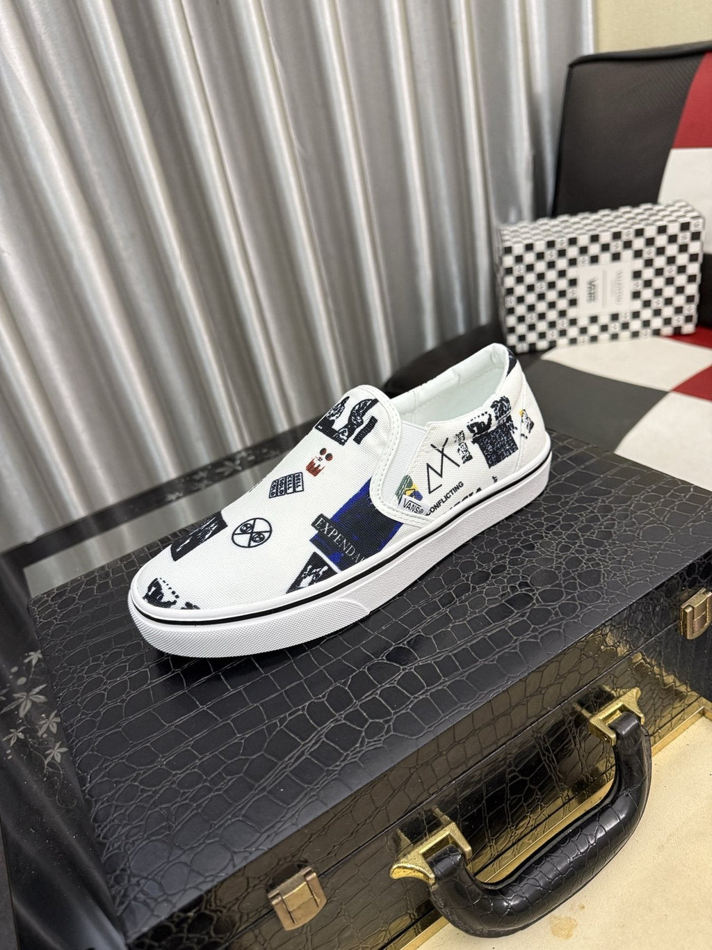 White Graphic Print Slip-On Shoes