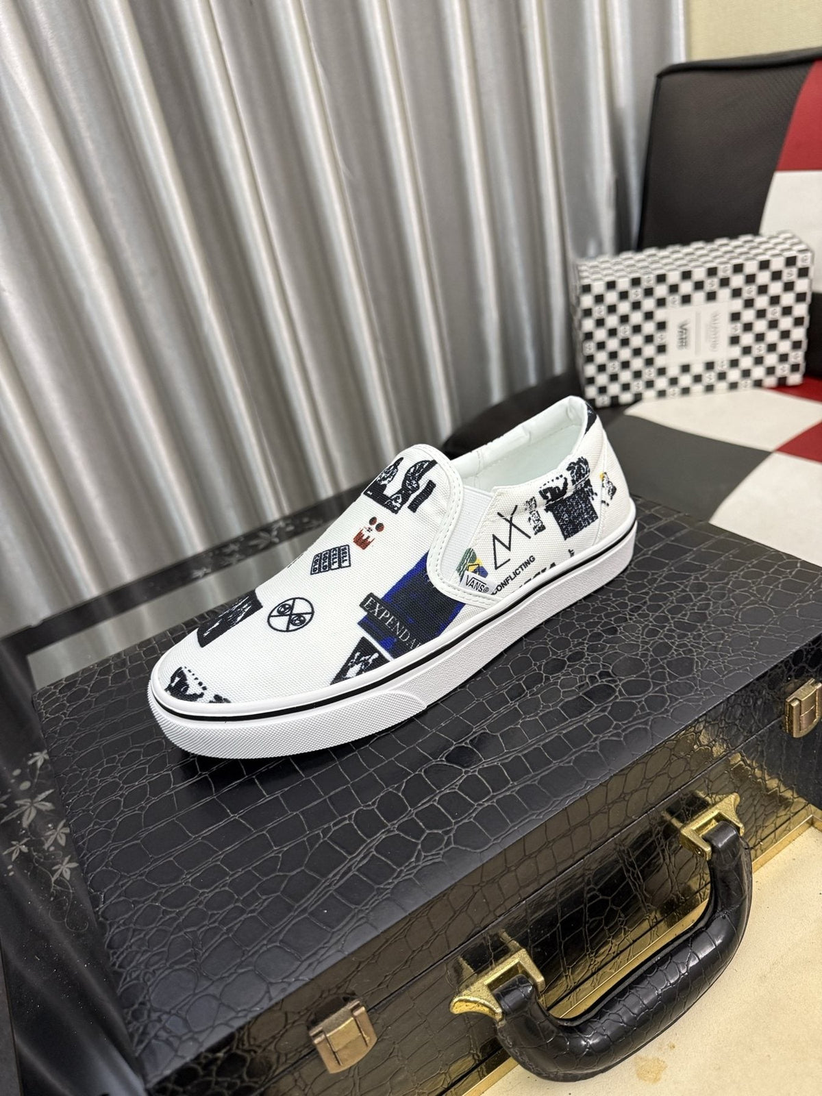 White Graphic Print Slip-On Shoes