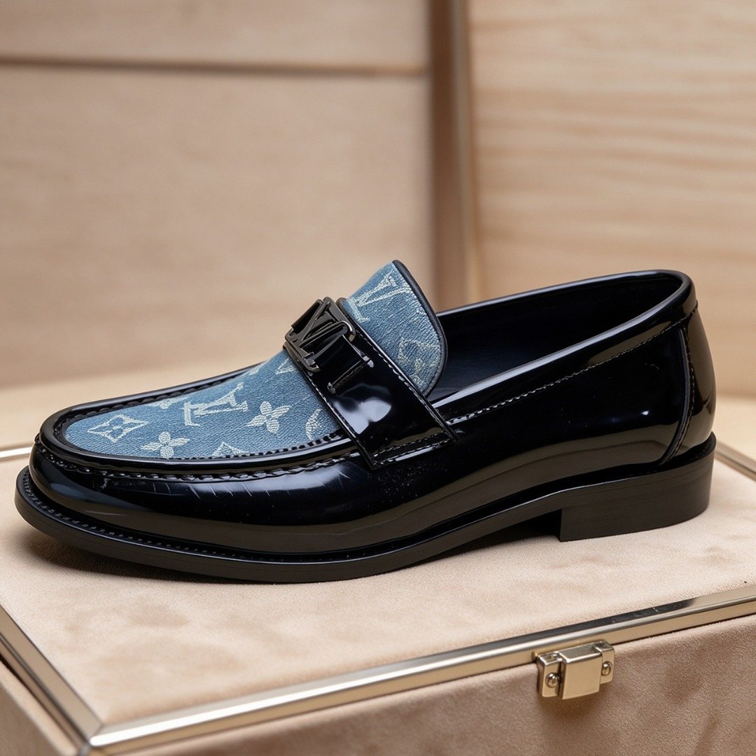 Louis Vuitton Black Loafers with Blue Patterned Vamps