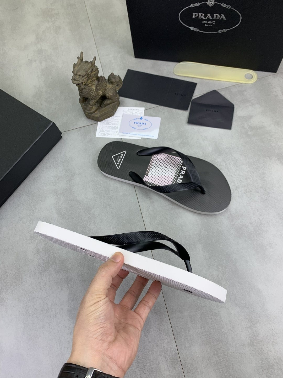 Prada Gray Patterned Flip-Flop Sandals