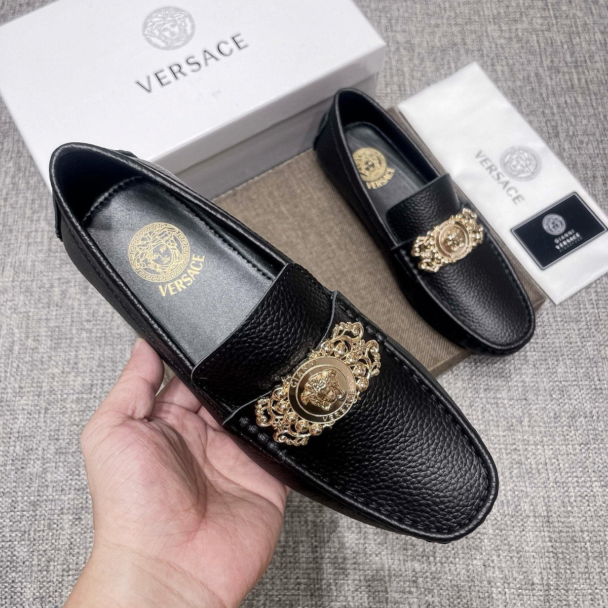 Versace Black Pebbled Leather Loafers