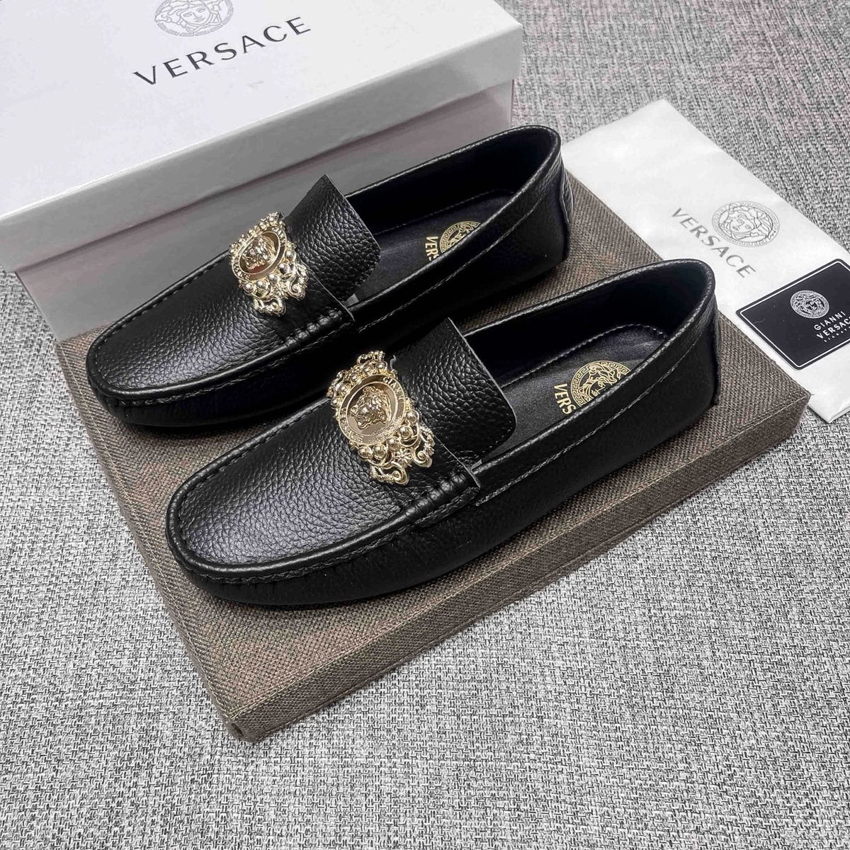 Versace Black Pebbled Leather Loafers