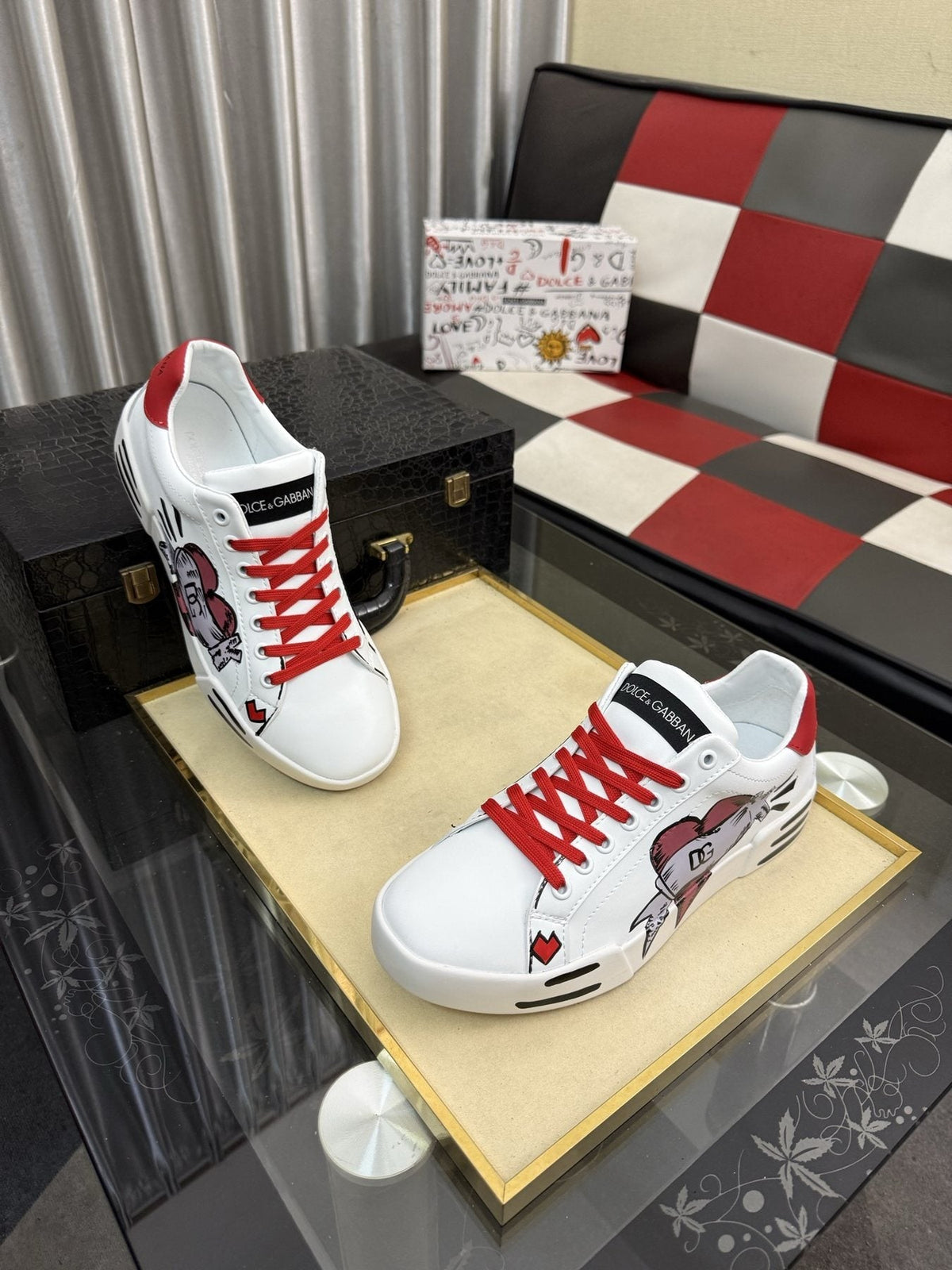Dolce & Gabbana Red Lace Graphic Sneakers