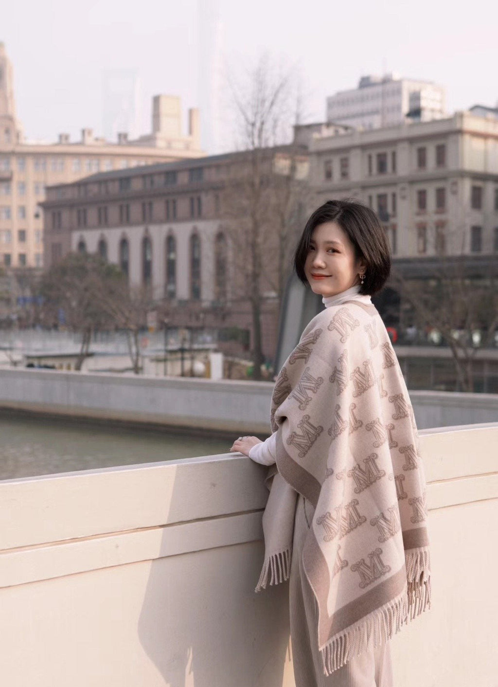 Max Mara Beige & Taupe Fringed Cape Poncho