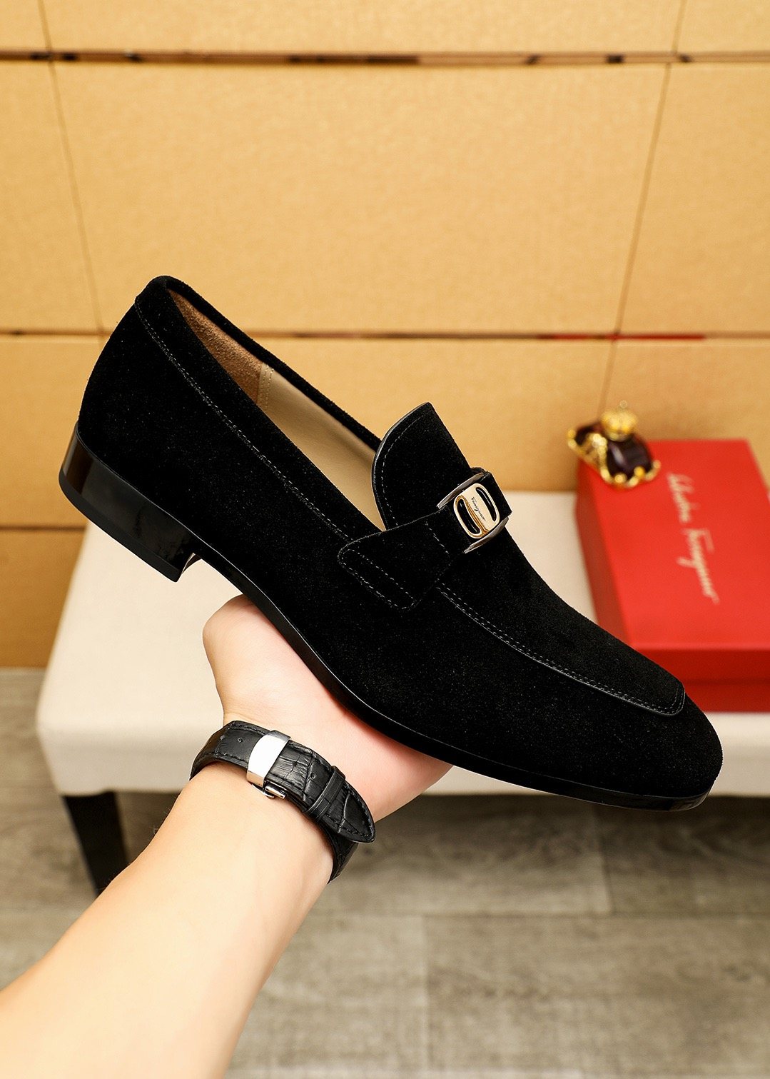 Ferragamo Men's Black Buckle Slip-On Loafers