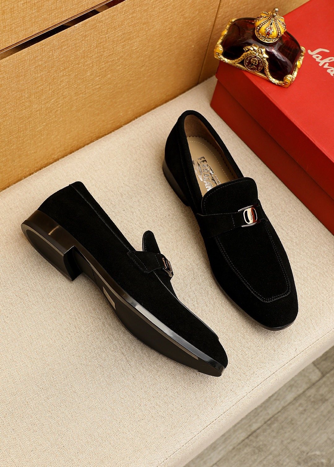 Ferragamo Men's Black Buckle Slip-On Loafers