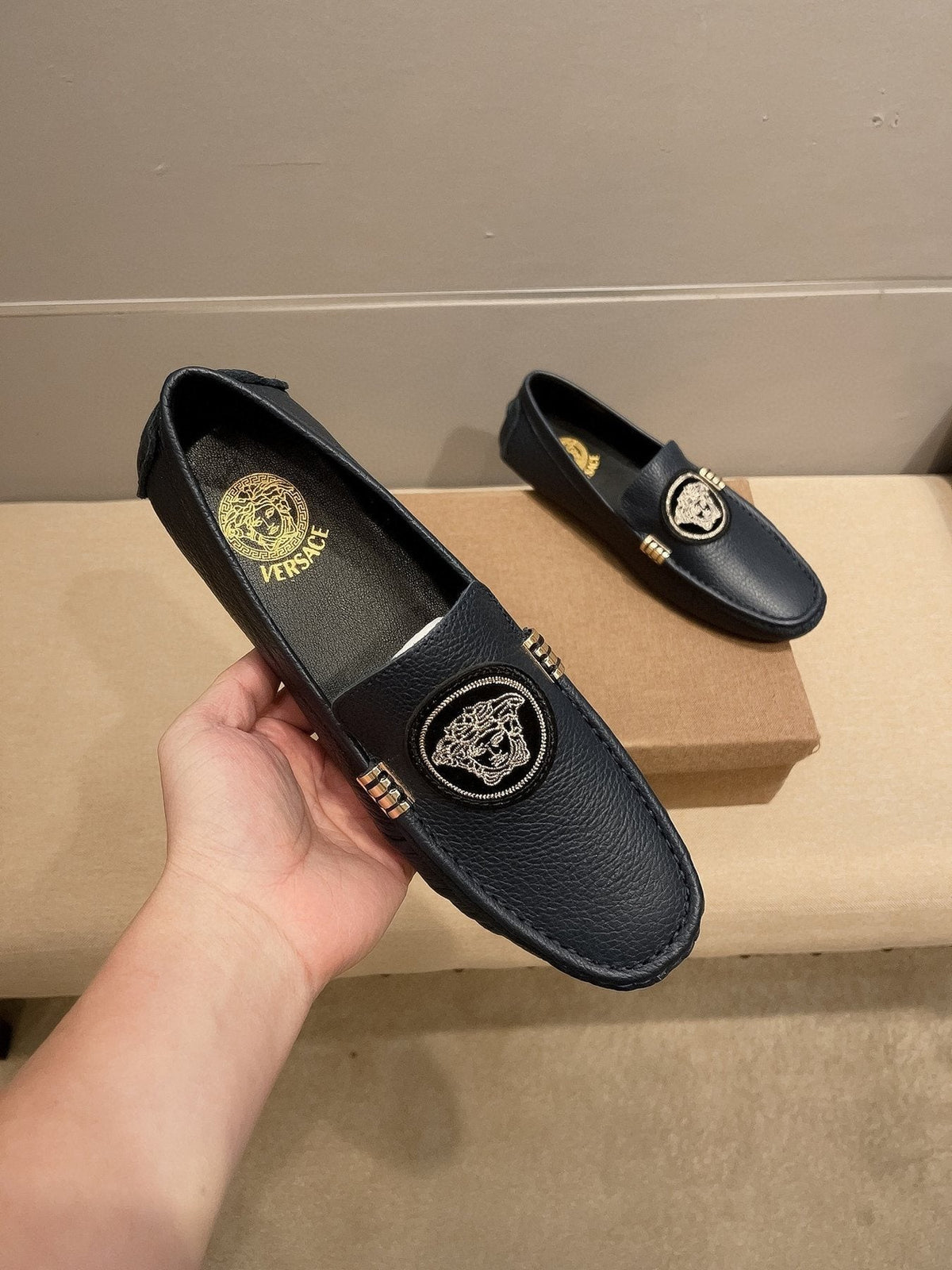 Versace Men's Black Medallion Loafers - Rounded Toe