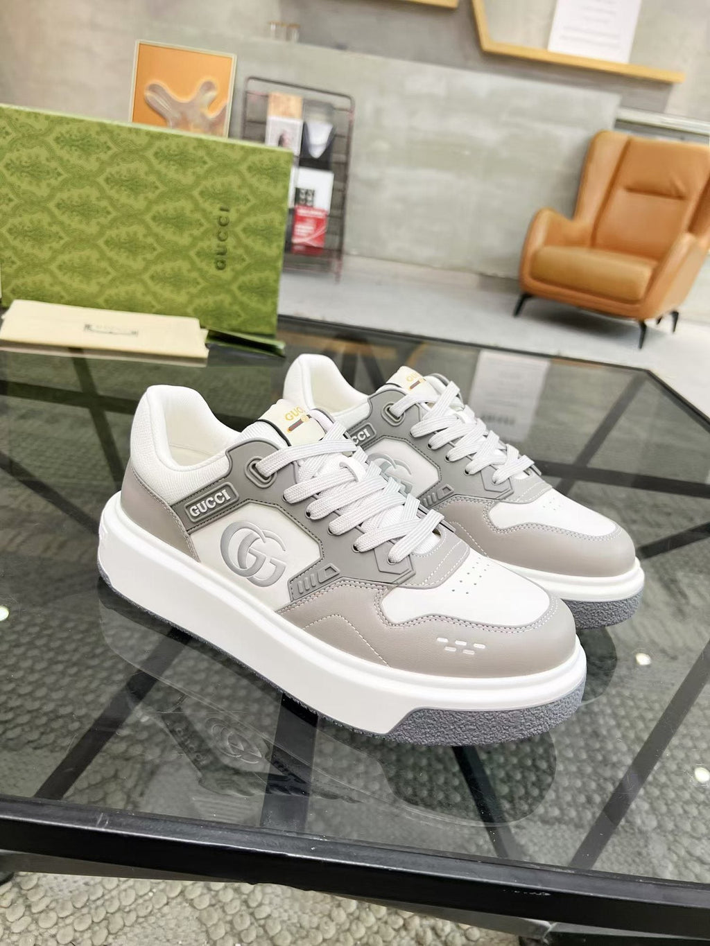 Gucci White and Light Gray Low-Top Sneakers