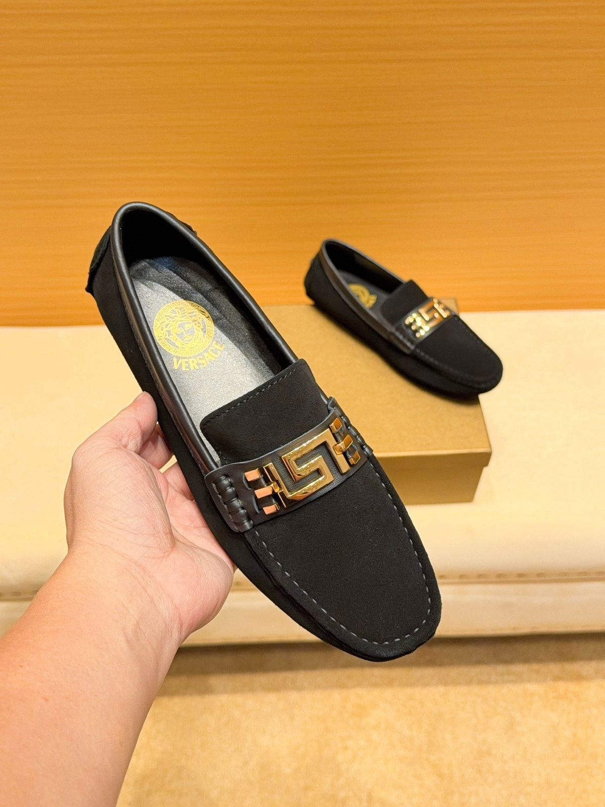 Versace Men's Black Gold Buckle Loafers