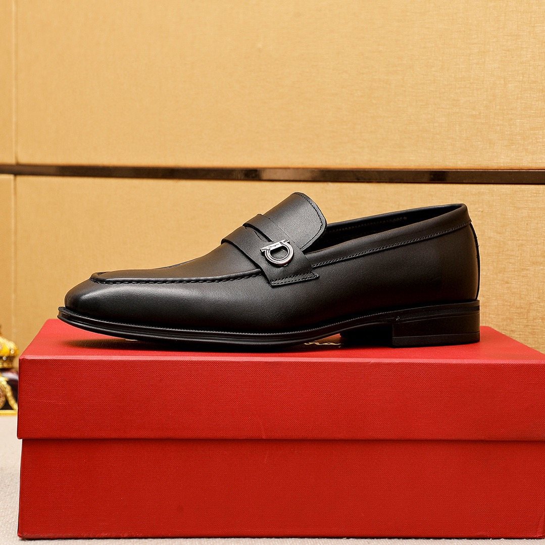 Ferragamo Black Buckle Loafers - Metal Vamp Buckle