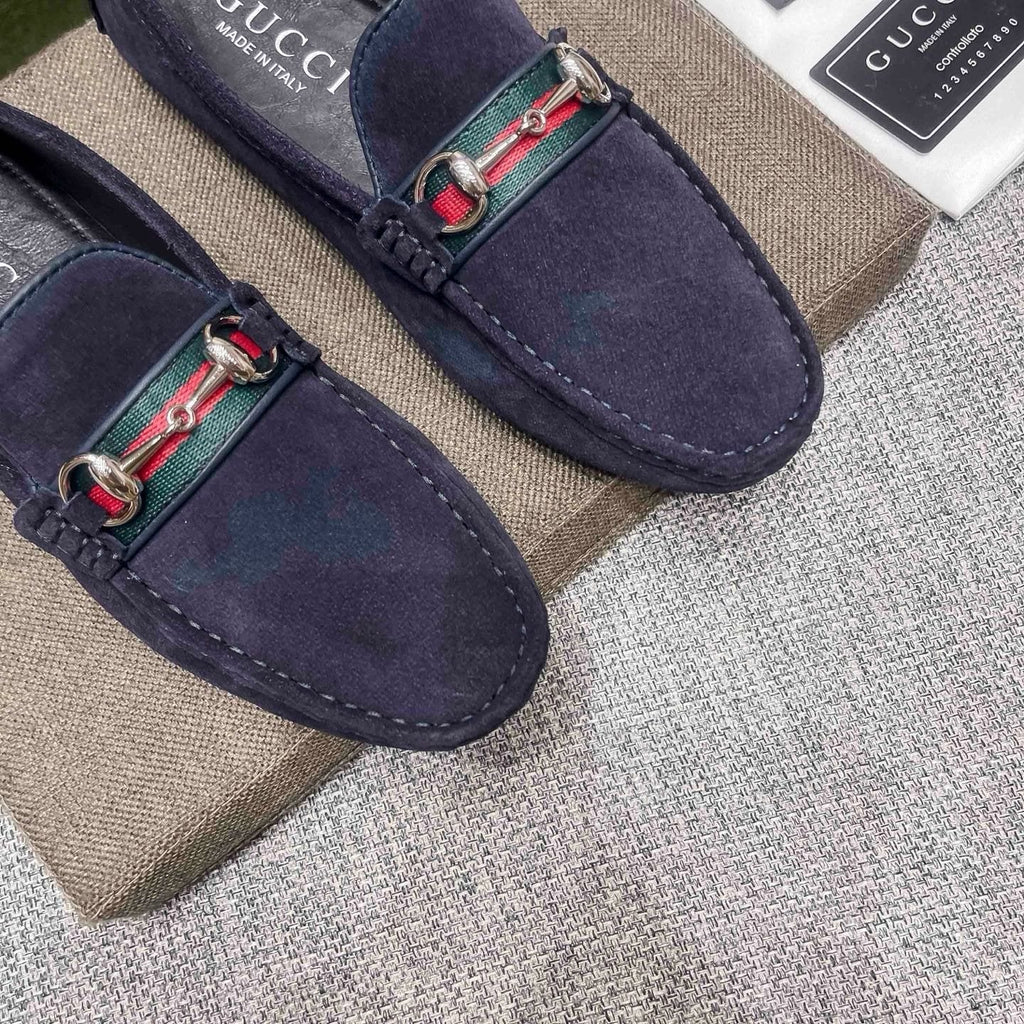 Gucci Navy Striped-Bit Driving Loafers