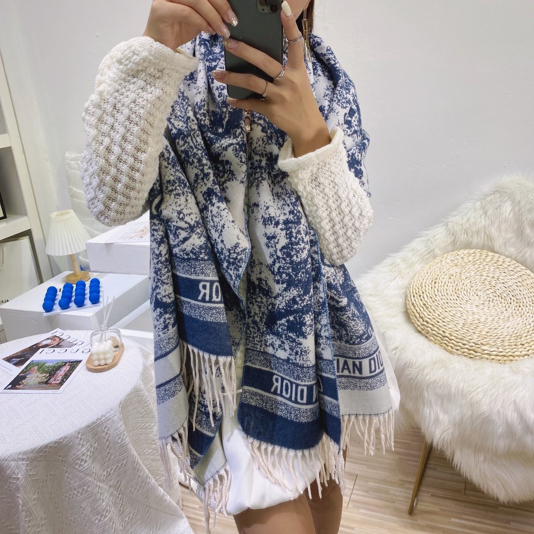 Dior Blue & White Toile Fringed Scarf