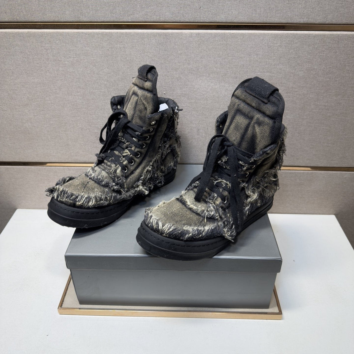 Gray and Black Distressed High-Top Sneakers