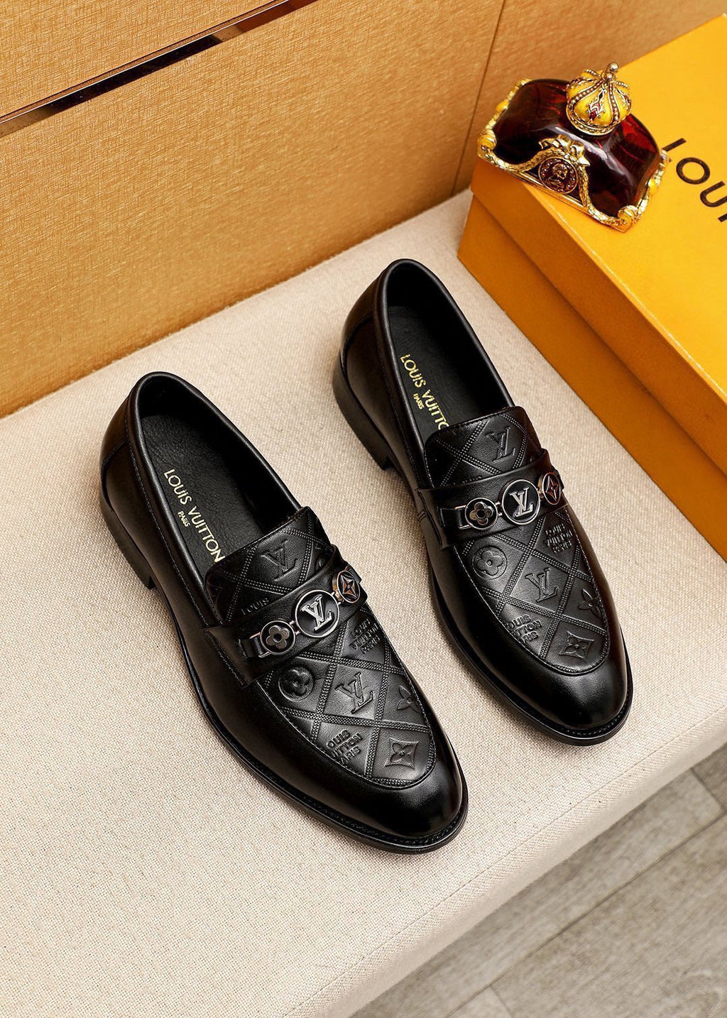 Louis Vuitton Black Embossed Buckle Slip-On Shoes