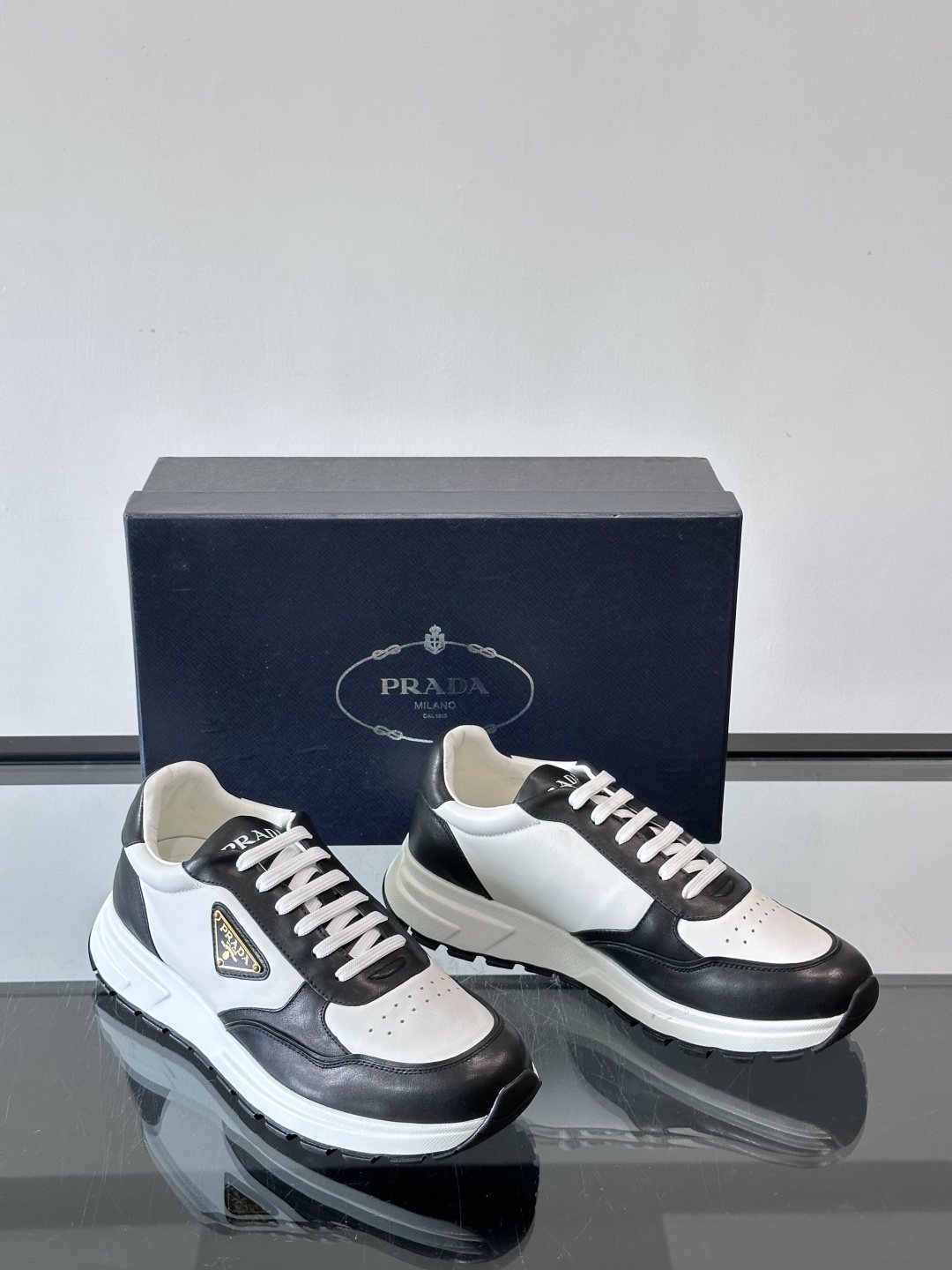 Prada Men's Triangle Plaque Low-Top Sneakers - Thick Lug Sole