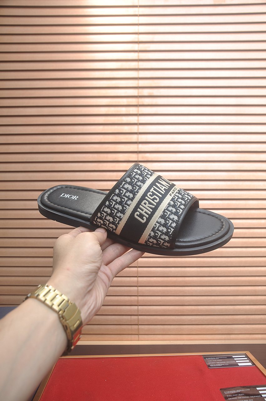 Dior Patterned Strap Slide Sandals - Black, Beige & Gray