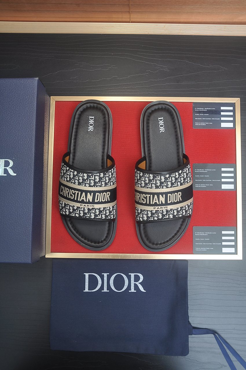 Dior Patterned Strap Slide Sandals - Black, Beige & Gray