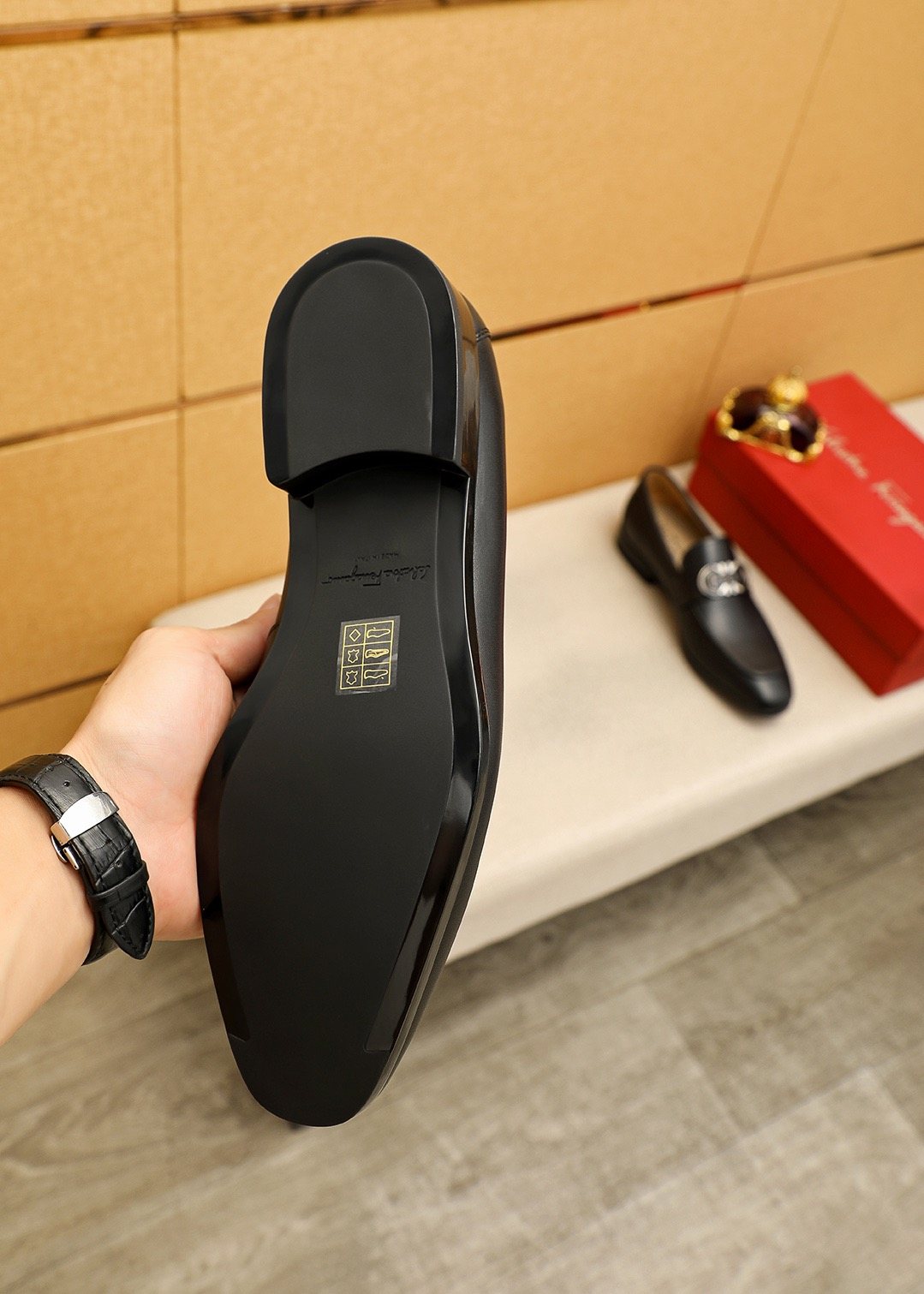 Ferragamo Men's Black Hardware Loafers - Low Stacked Heel