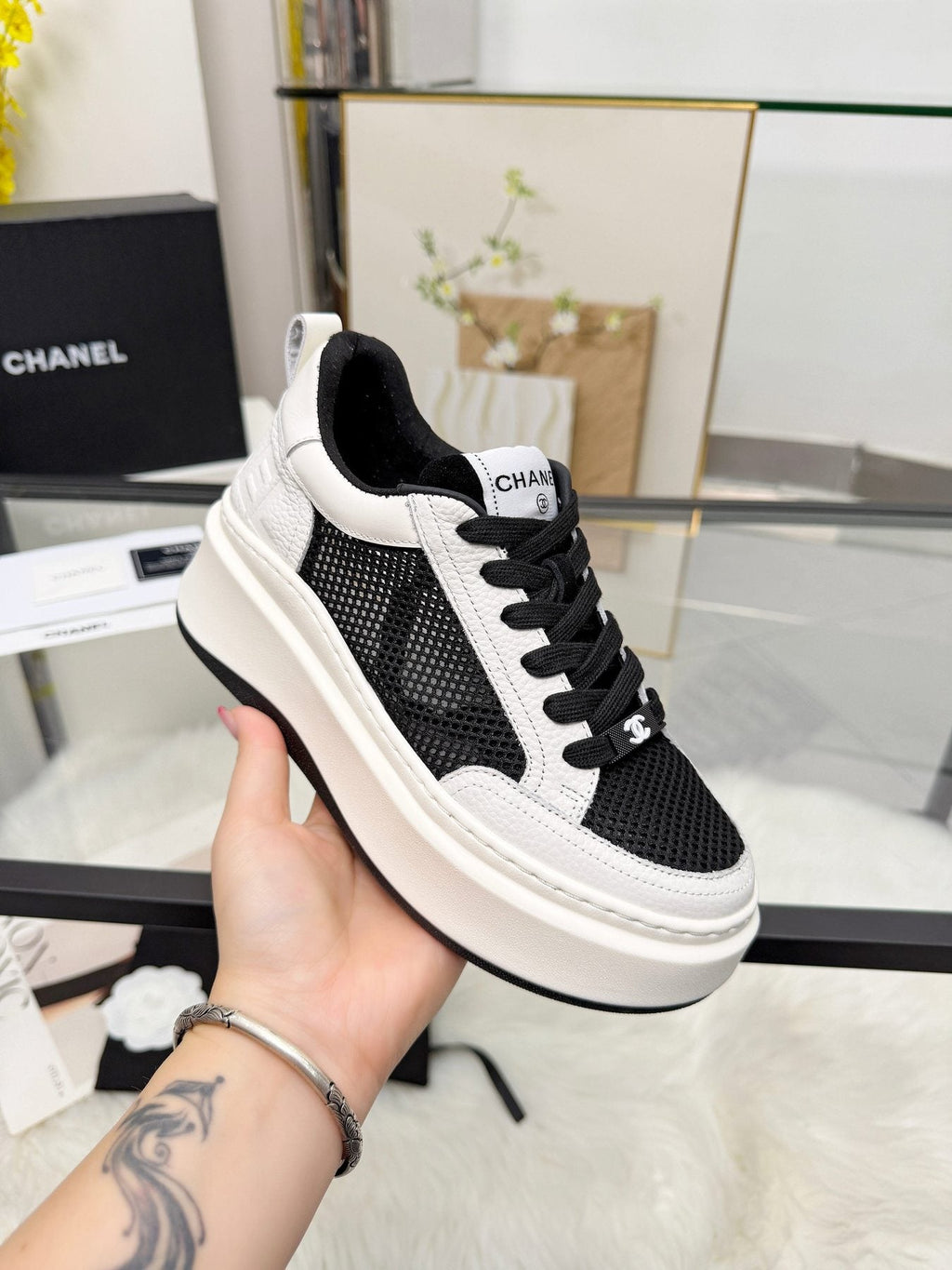 CHANEL Women's White Platform Low-Top Sneakers