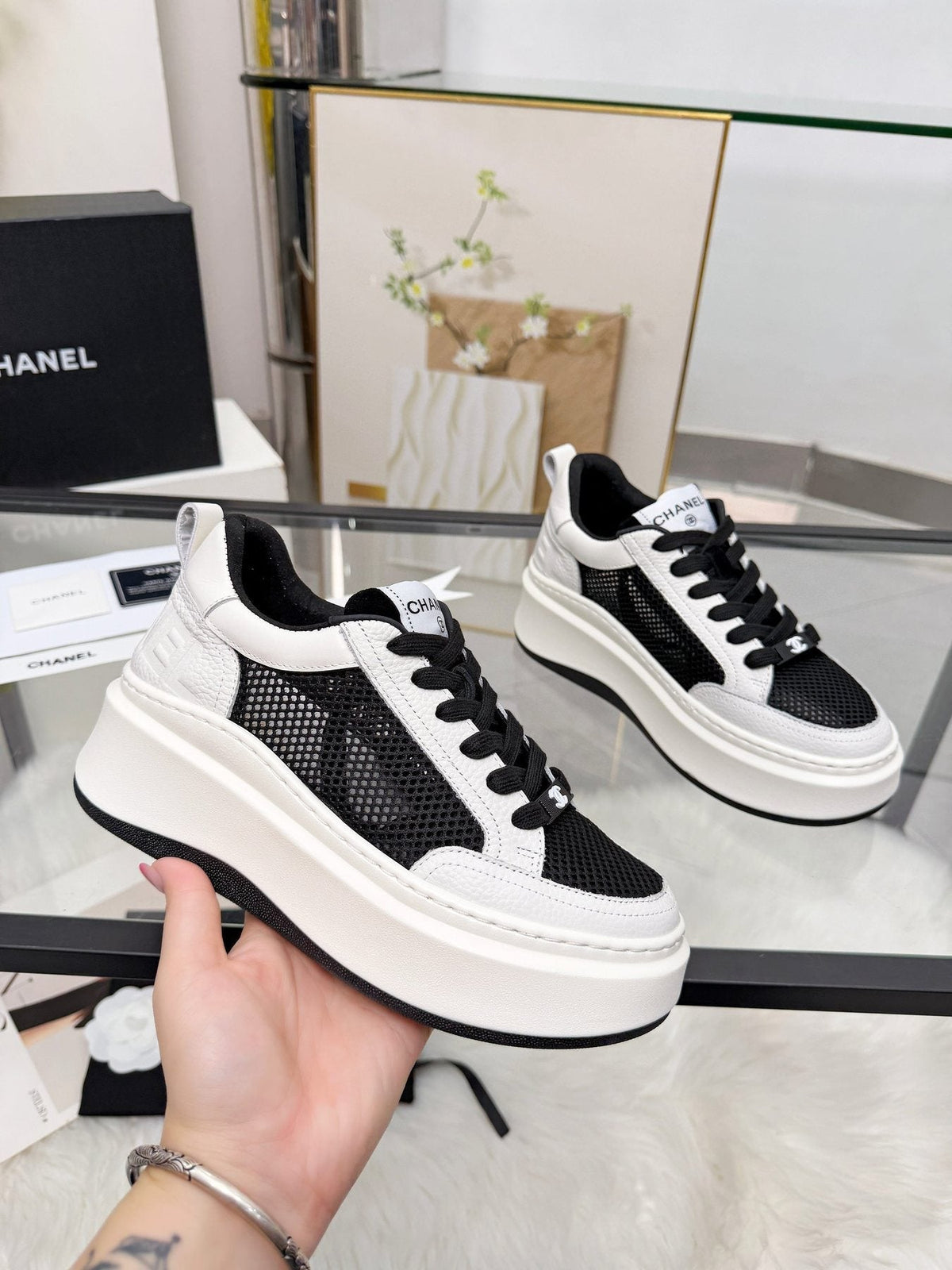 CHANEL Women's White Platform Low-Top Sneakers