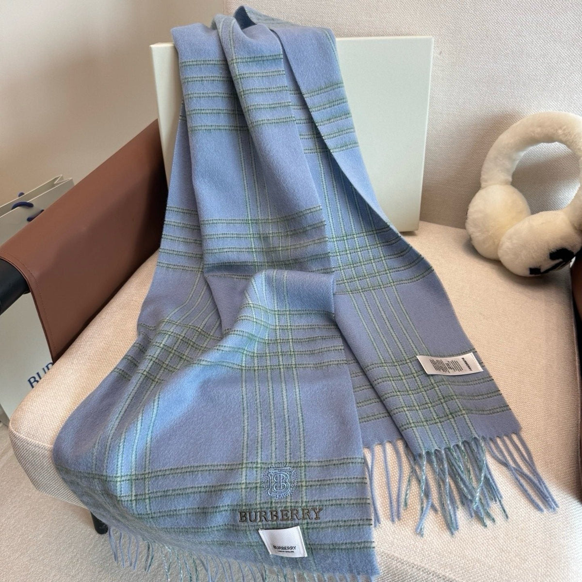 Burberry Light Blue Plaid Fringed Scarf