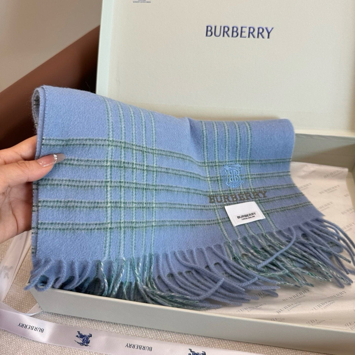 Burberry Light Blue Plaid Fringed Scarf