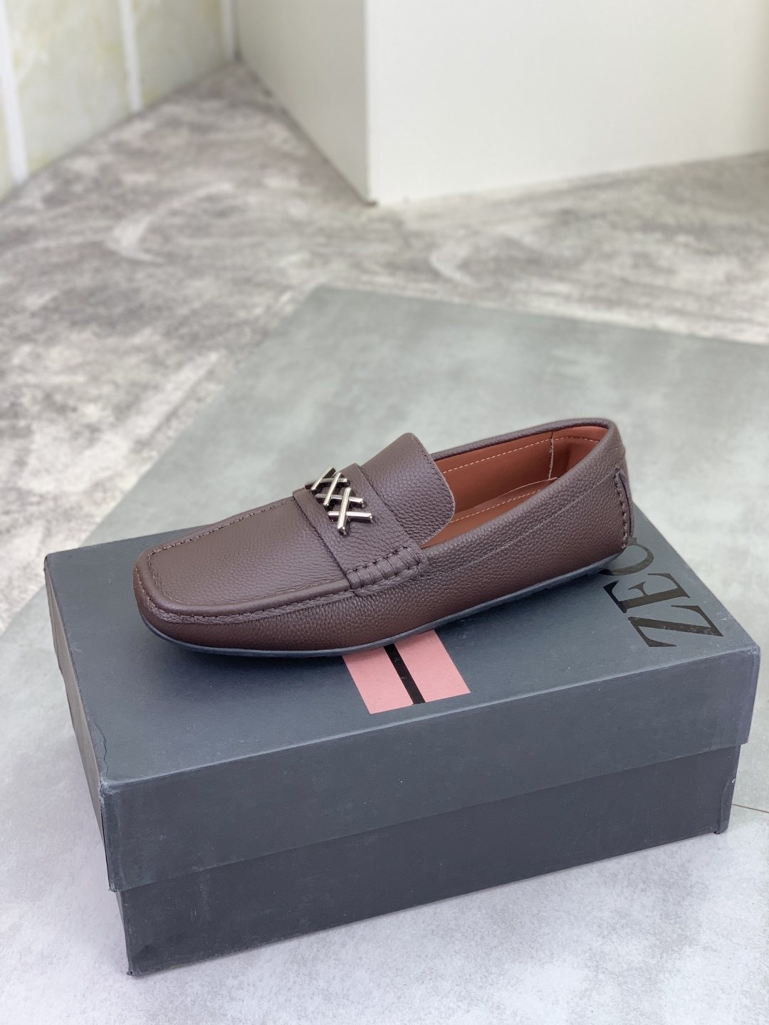 Zegna Square-Toe Leather Loafers with X Accents