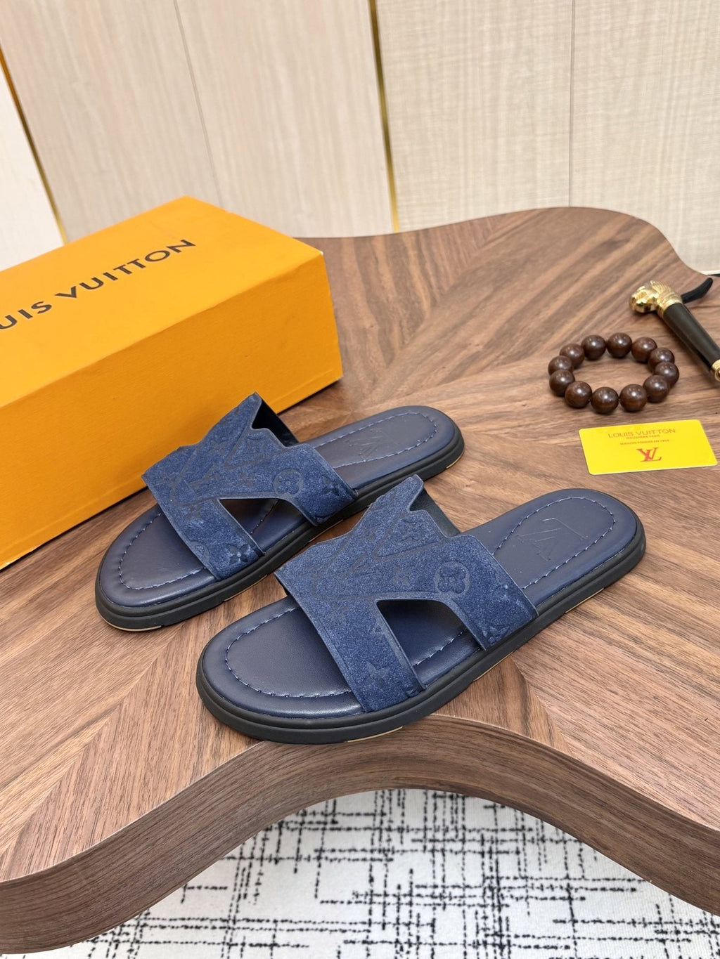 Louis Vuitton Embossed Navy Blue Slide Sandals