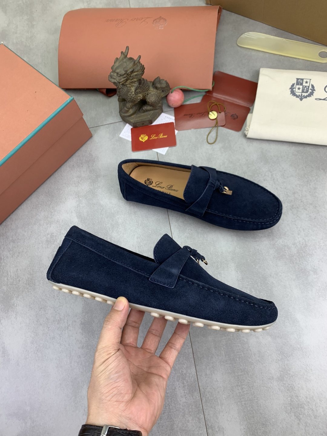 Loro Piana Navy Blue Moc-Toe Loafers