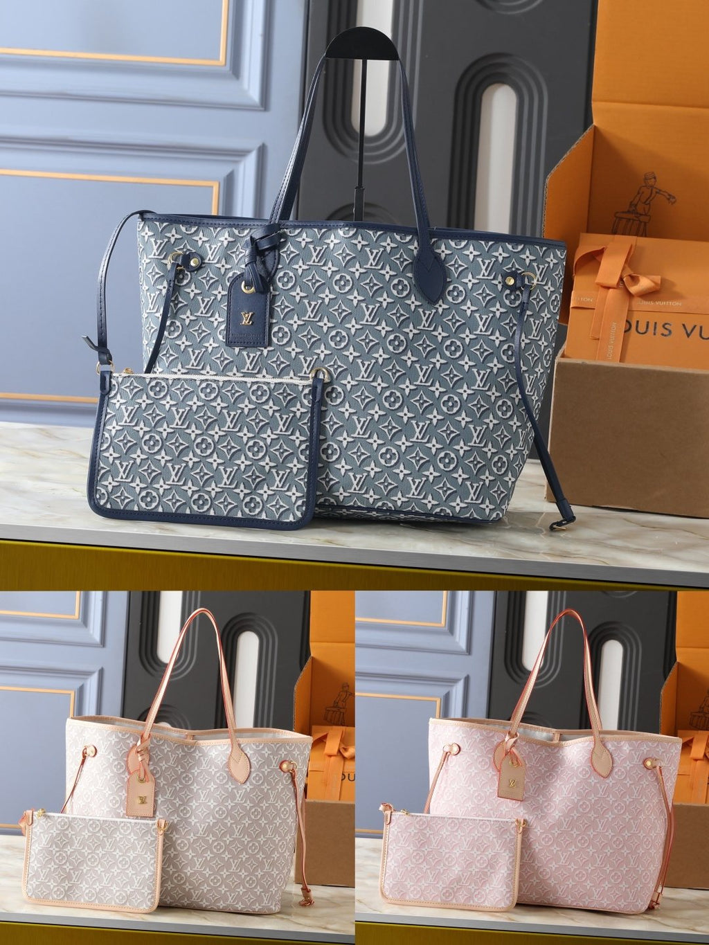 Louis Vuitton Neverfull MM Blue-Gray Tote Bag