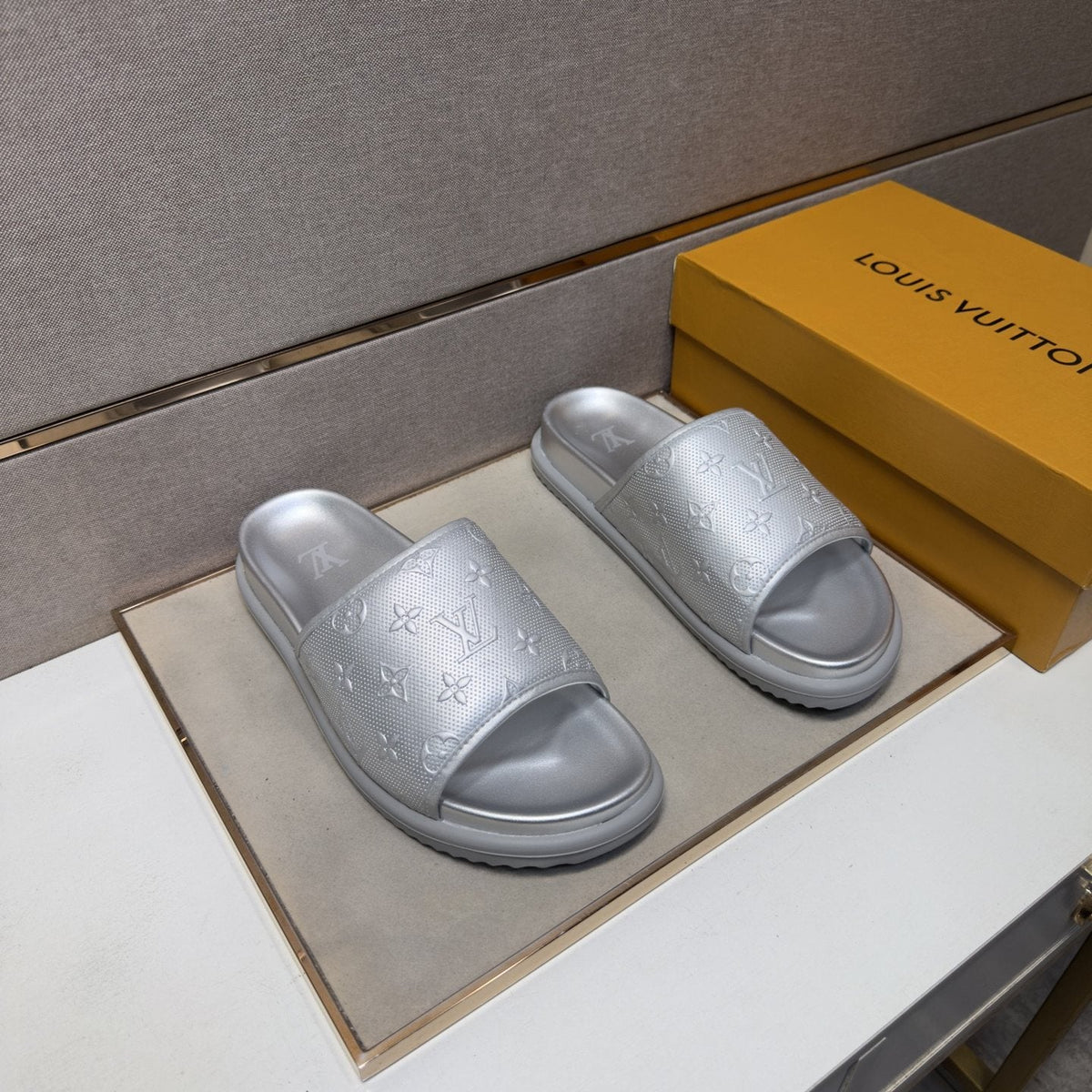 Louis Vuitton Embossed Metallic Slide Sandals